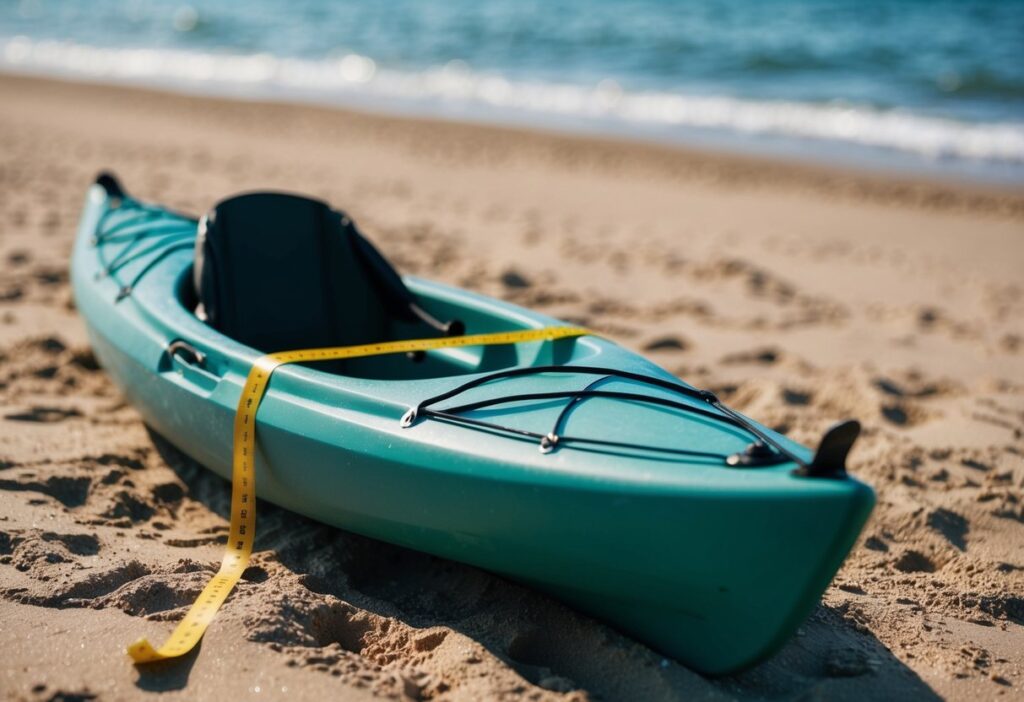 A sea kayak resting on a sandy shore, with a measuring tape stretched out along its length