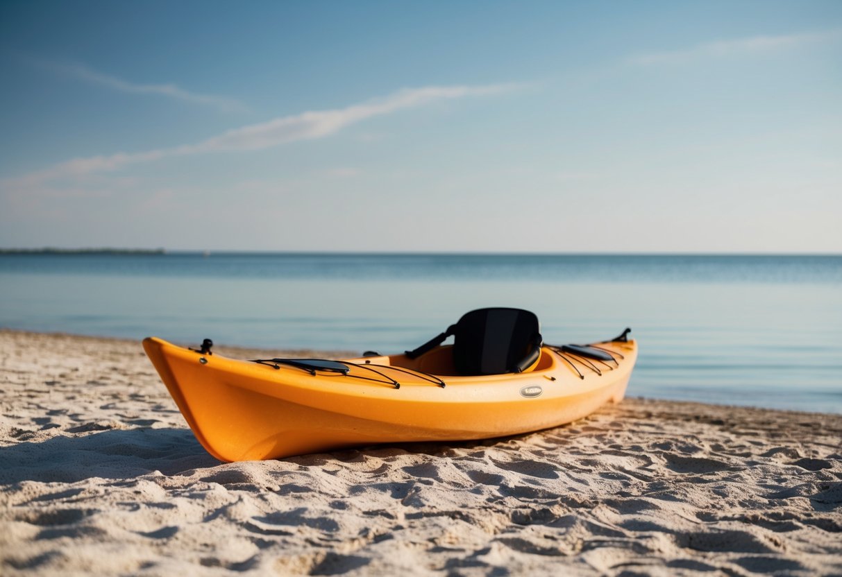 A sea kayak resting on a sandy beach, surrounded by calm, clear water and a distant horizon