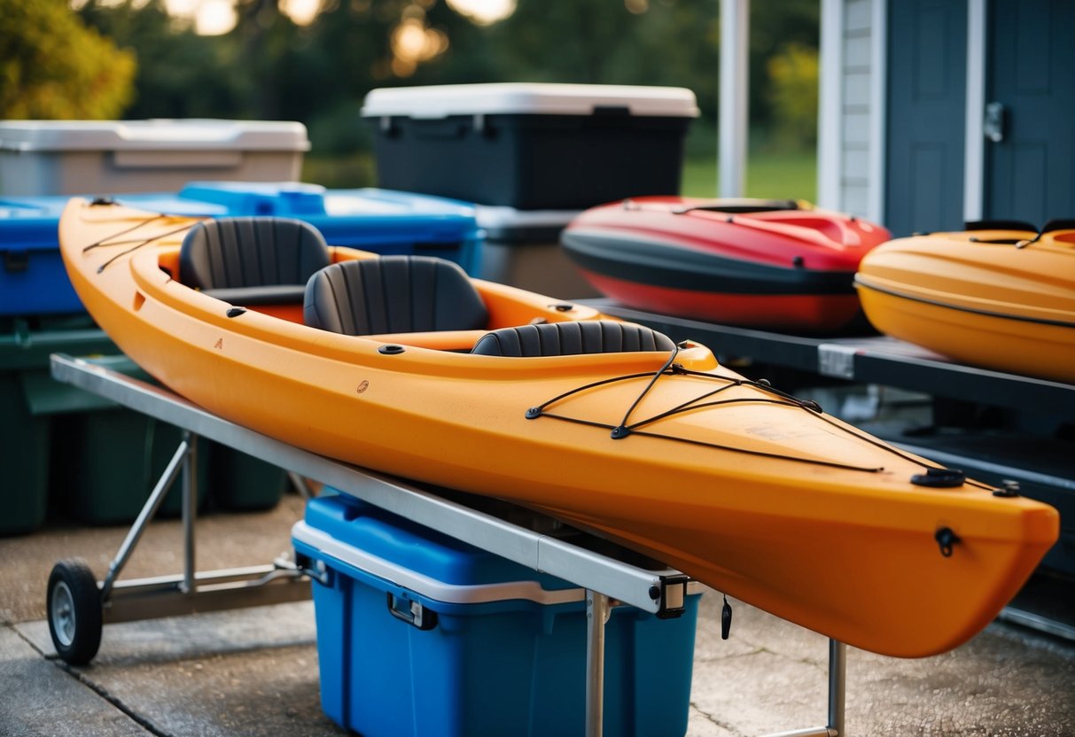 A kayak is being cleaned and dried, with various storage solutions in the background