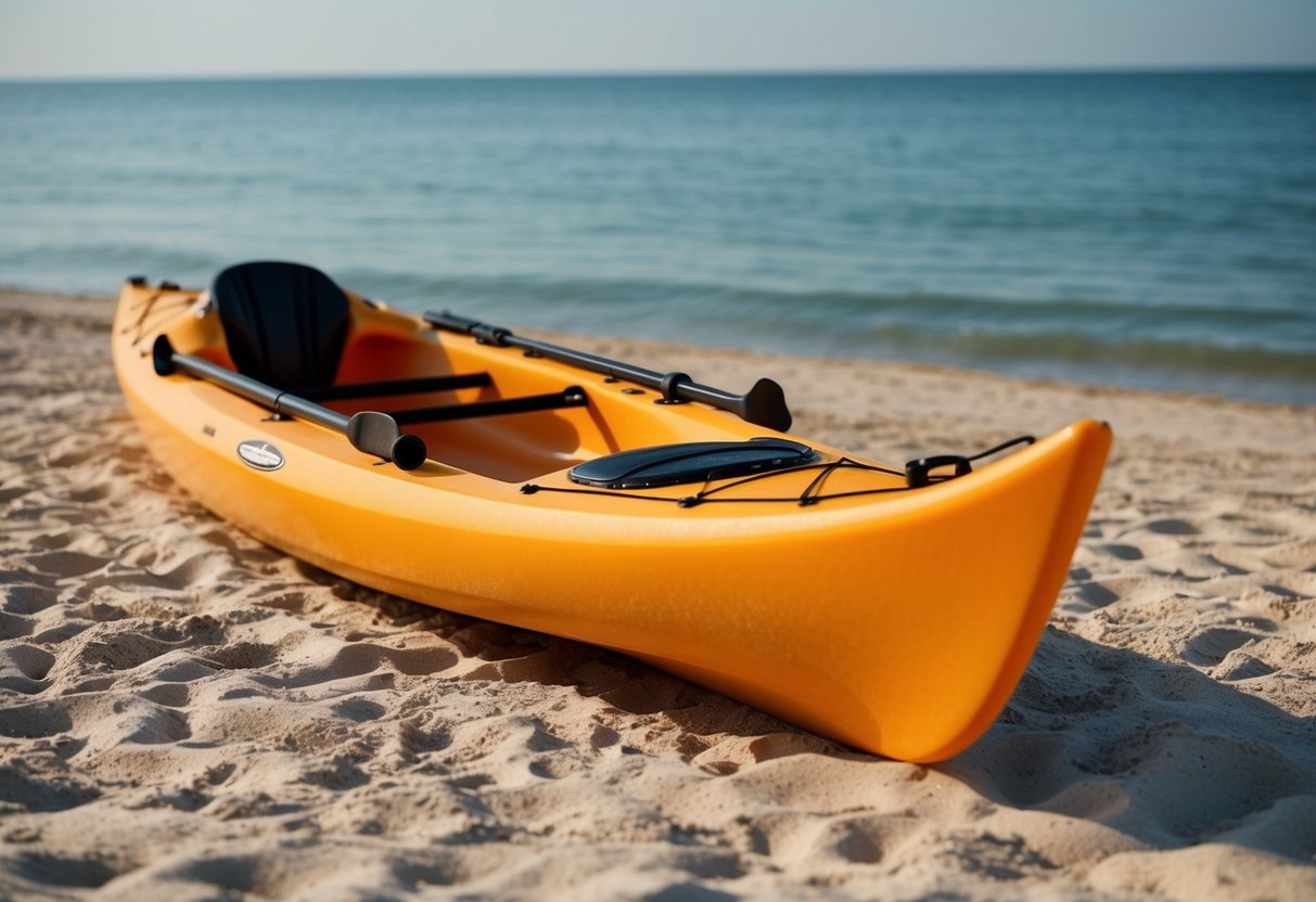 A sea kayak resting on a sandy beach, its sleek and slender body stretching to a minimum length of 15 feet, with the backdrop of a calm and glistening ocean