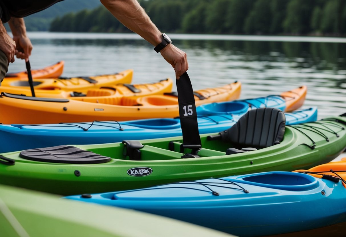 A sea kayak measuring at least 16 feet in length being selected from a line-up of different kayak sizes