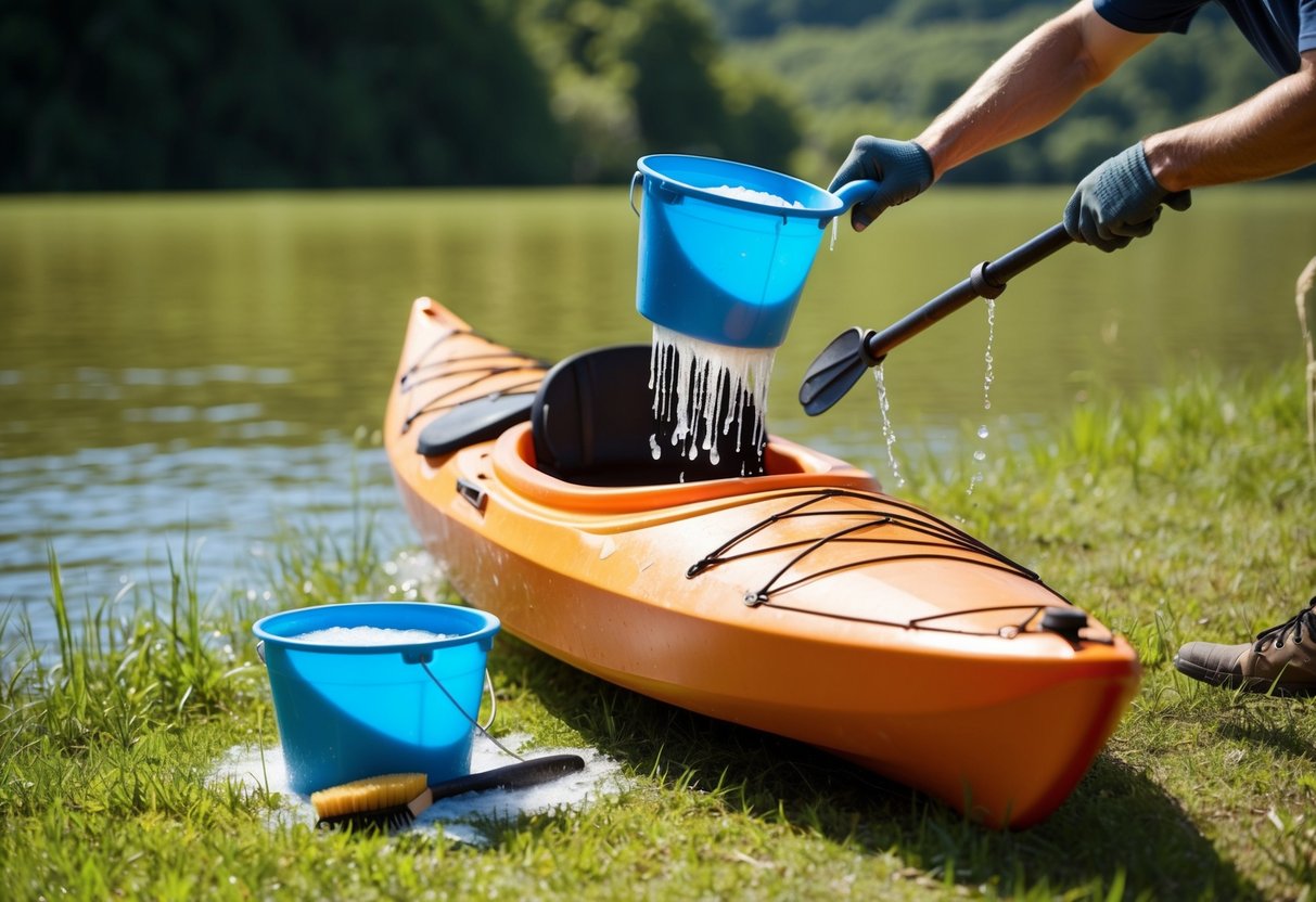 A kayak being scrubbed and rinsed on a grassy shore, with a bucket of soapy water and a scrub brush nearby