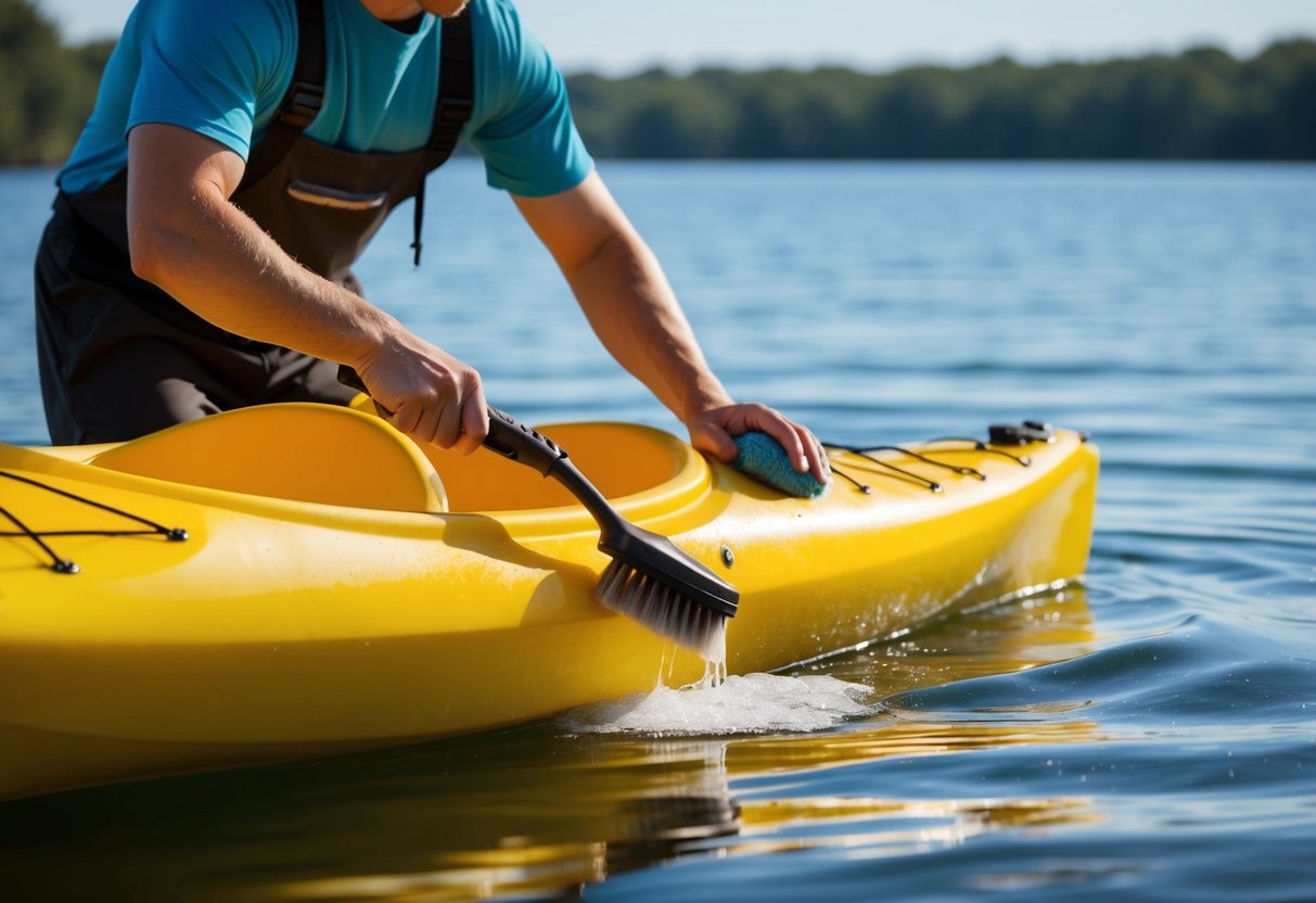 A person scrubbing a fiberglass kayak with a brush and soapy water near a calm body of water on a sunny day