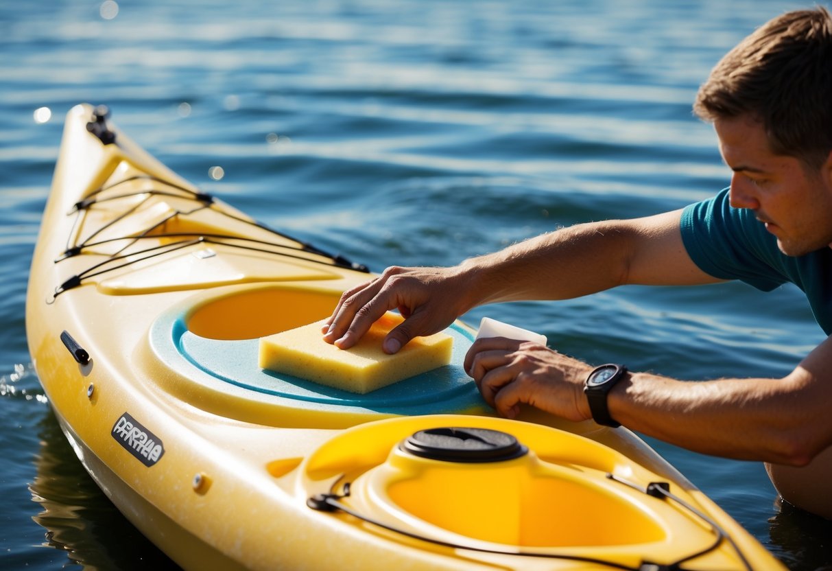 A person cleaning a fiberglass kayak with a sponge and cleaning solution near a body of water