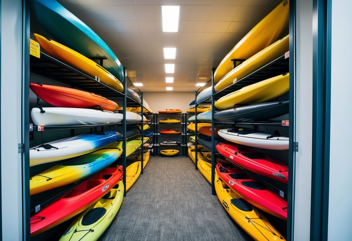 Kayaks of various types neatly stored in designated racks in a spacious, well-organized storage area