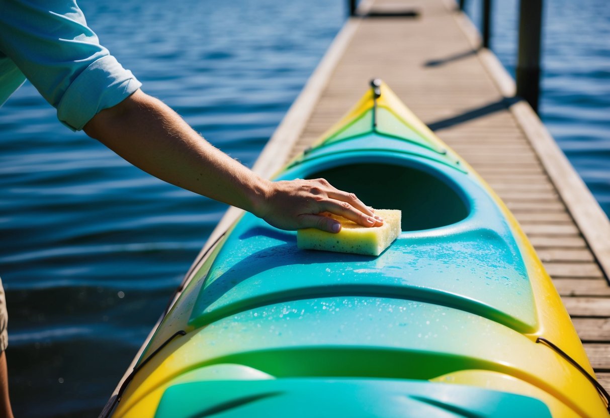 A person using a sponge and cleaning solution to scrub a fiberglass kayak on a sunny dock by the water