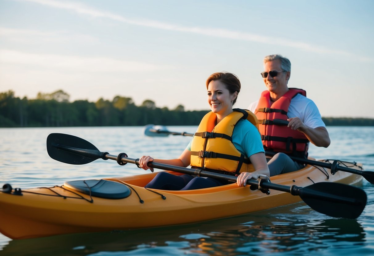 A non-swimmer wearing a life jacket and sitting in a stable, tandem kayak with a knowledgeable partner guiding them through calm waters