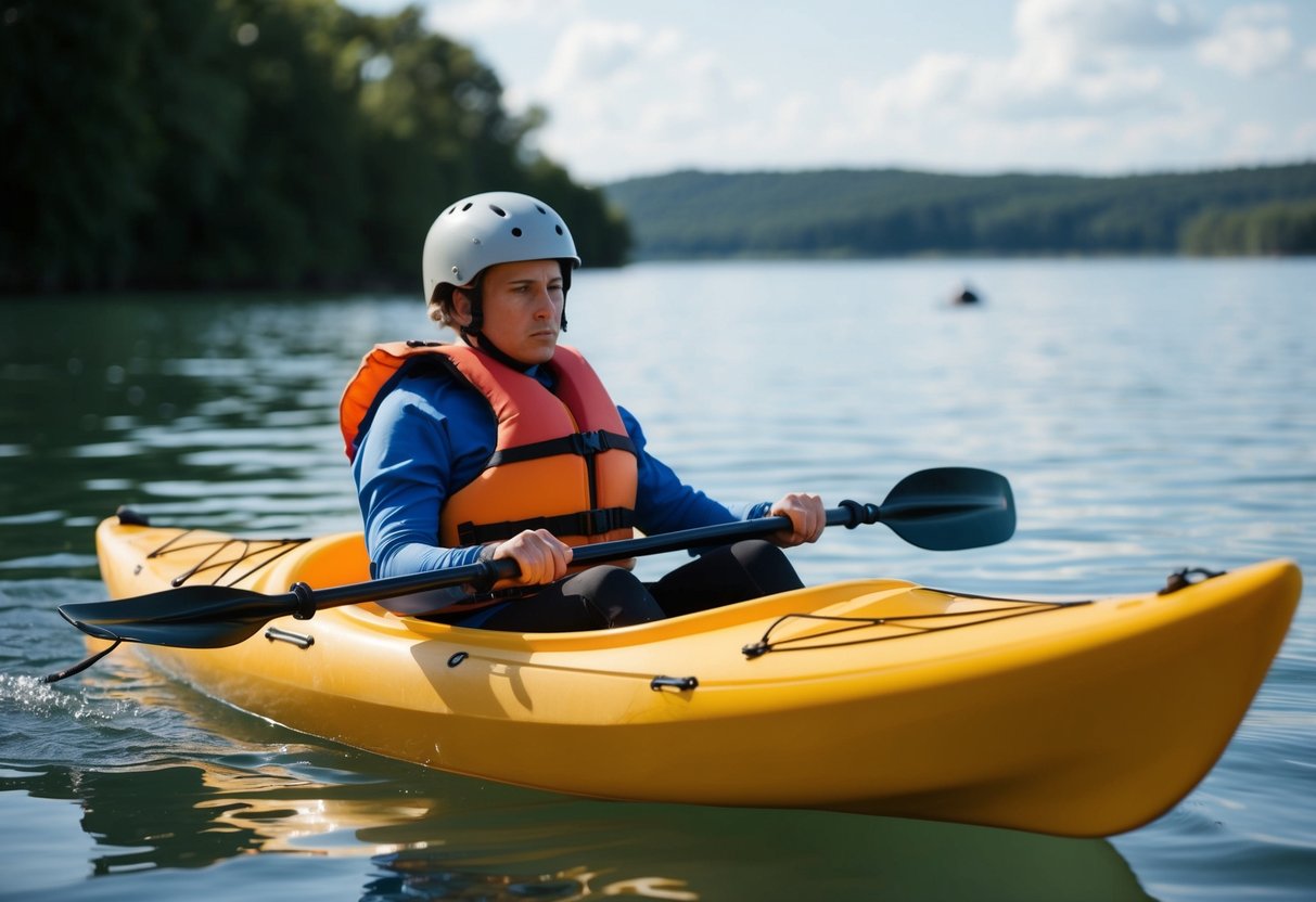 A non-swimmer prepares for kayaking with a life jacket, helmet, and paddle leash near calm water