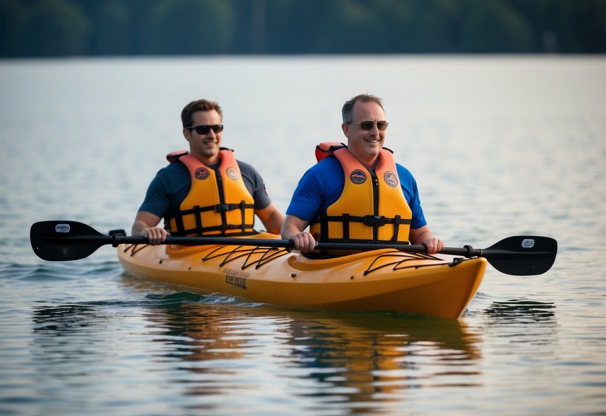 A non-swimmer wearing a life jacket kayaking on calm waters with a buddy, both equipped with paddles and communication devices