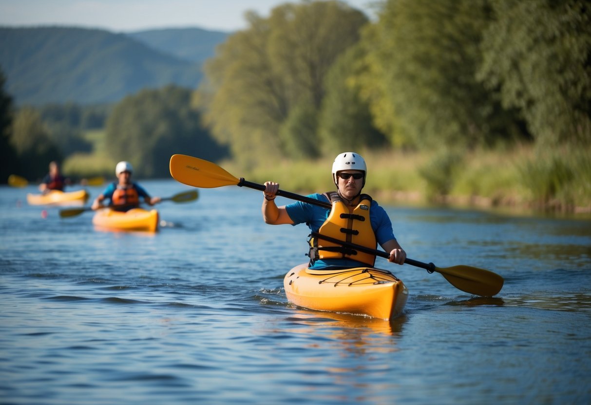 A kayaker wearing a life jacket paddles calmly on a tranquil river, demonstrating proper stroke technique and maintaining a safe distance from obstacles