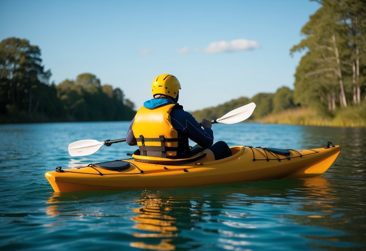 A person wearing a life jacket, helmet, and waterproof gear prepares to enter a kayak on calm water, surrounded by trees and a clear sky