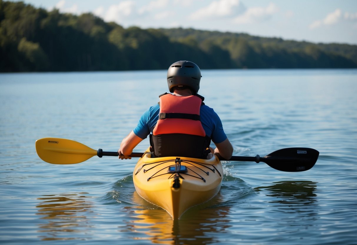 A kayaker checks their equipment, wears a life jacket, and reviews a safety plan before launching into calm waters