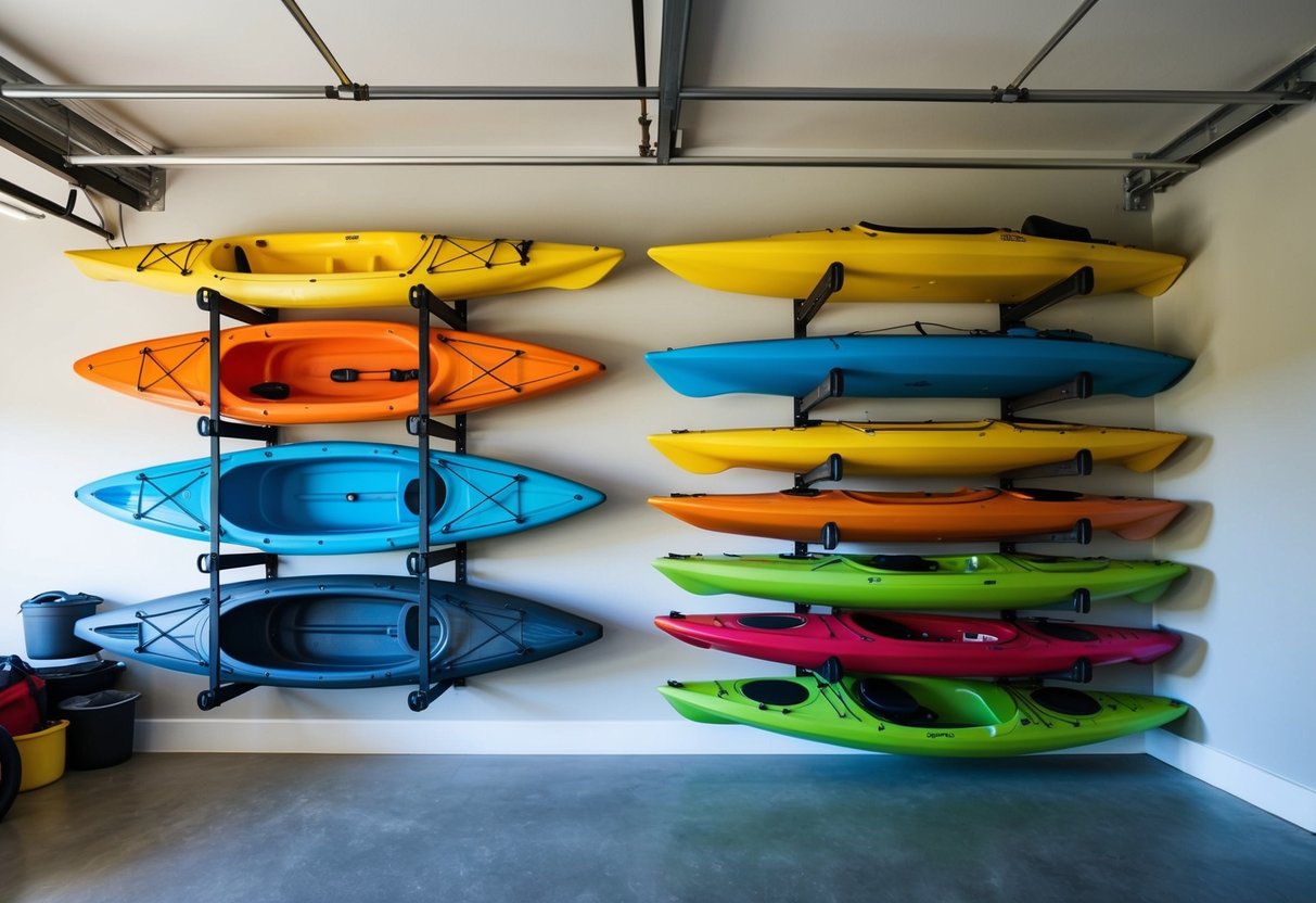 A garage with wall-mounted racks holding kayaks of various sizes and colors, neatly organized and easily accessible