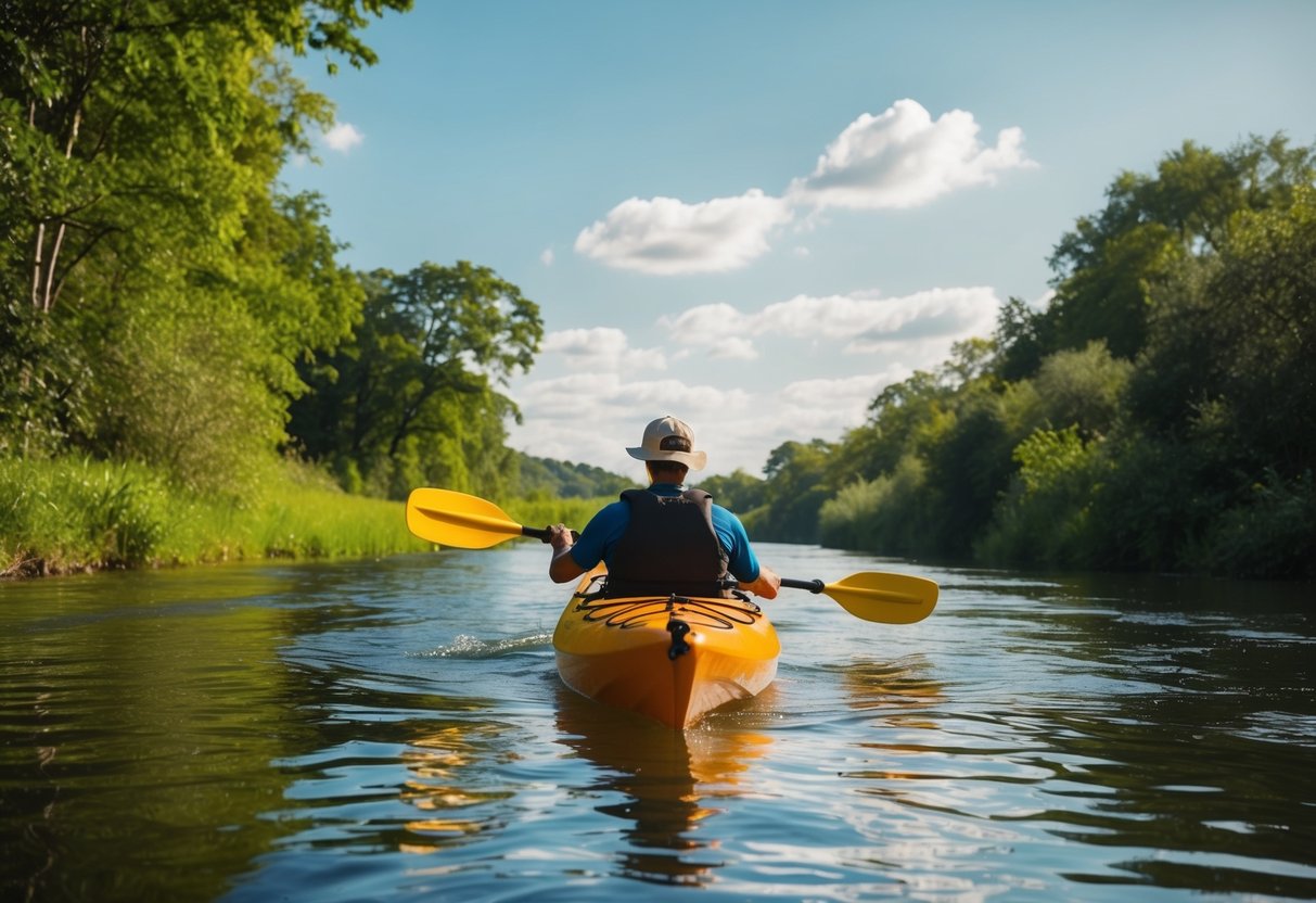 A person kayaking on a calm river, surrounded by lush greenery and wildlife, with the sun shining overhead and a sense of tranquility in the air