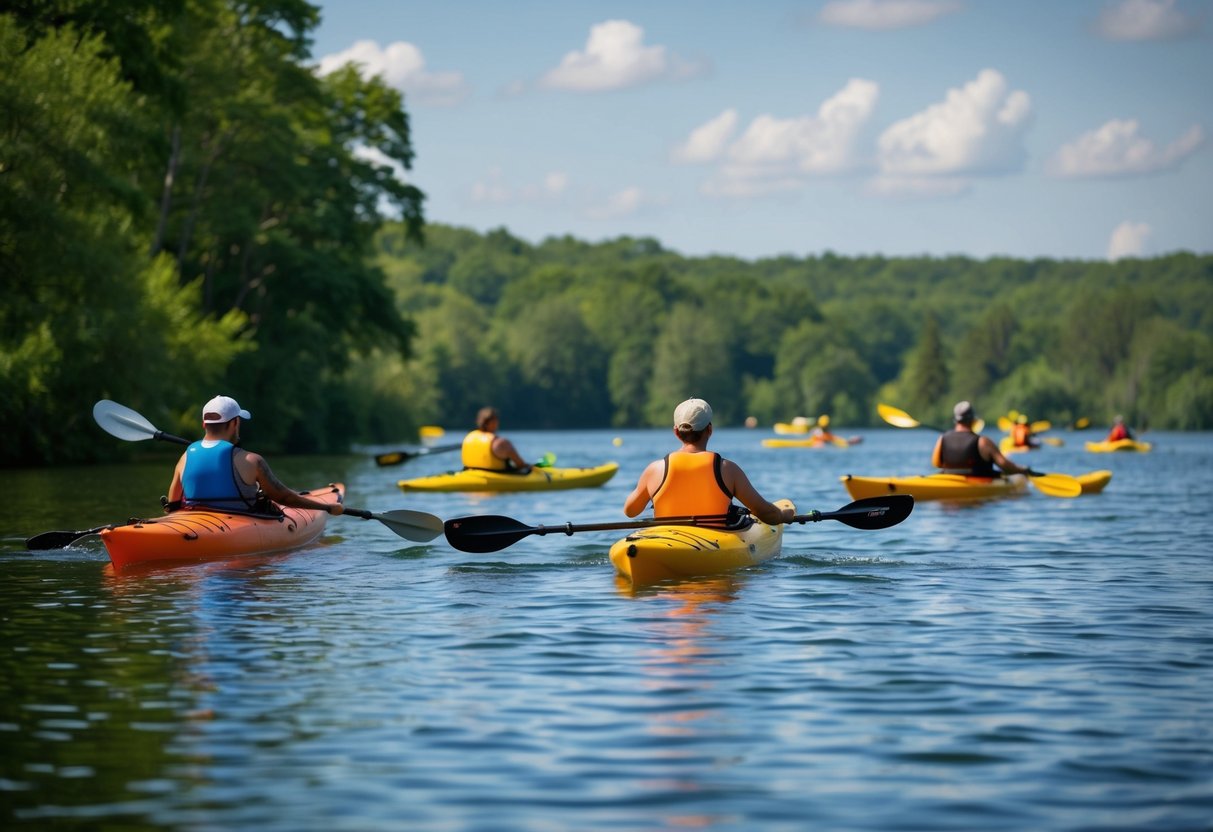 A serene lake surrounded by lush greenery, with a variety of kayaks gliding across the water, showcasing the different styles and techniques used for physical and mental health benefits