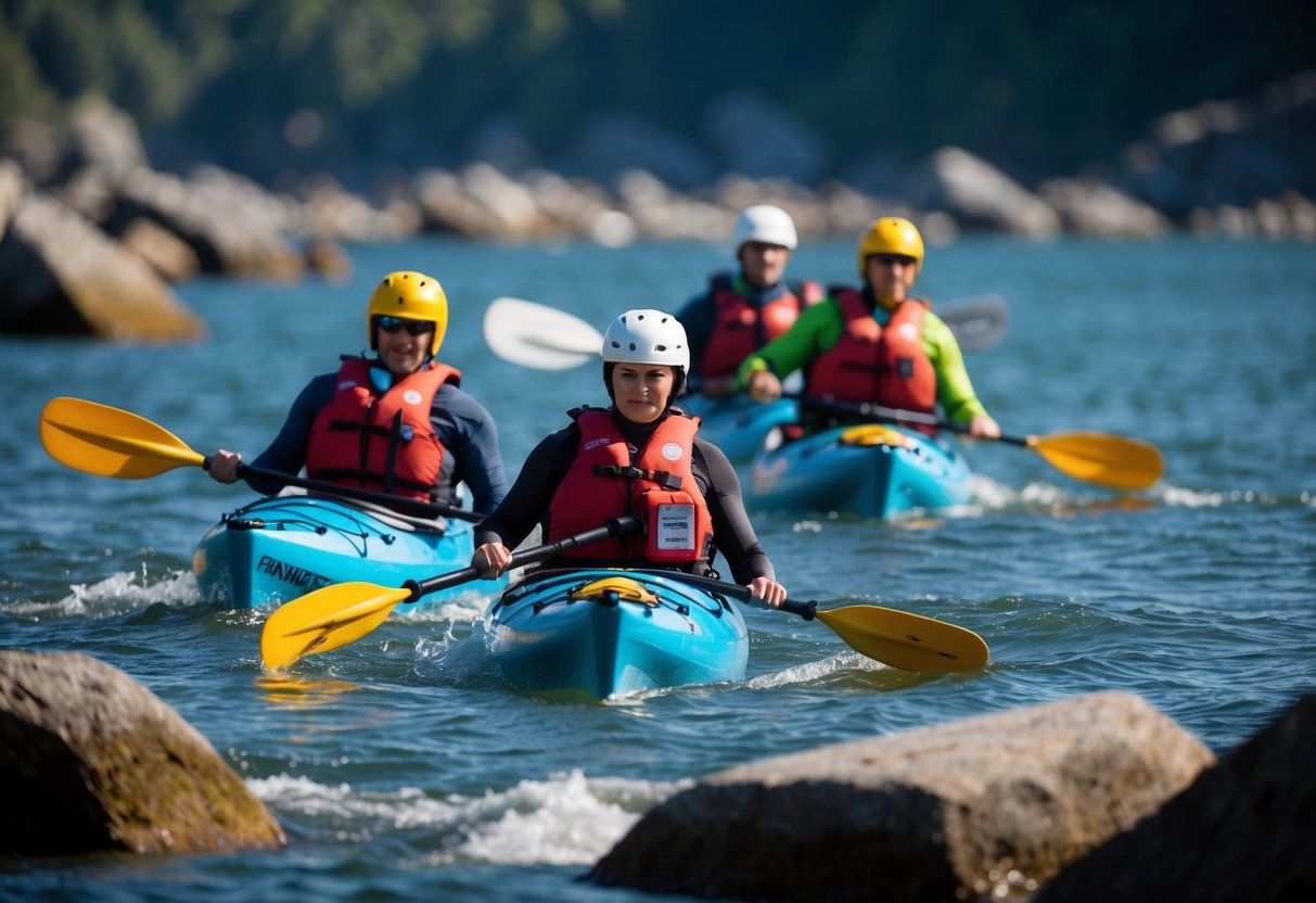 Kayakers carry helmets, life jackets, and paddles, with a first aid kit and communication device secured in waterproof bags. They navigate around rocks and navigate through strong currents