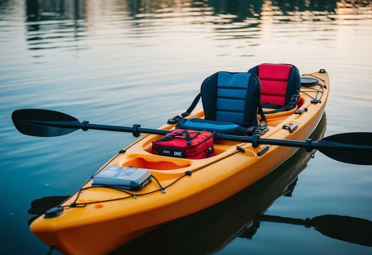 A kayak equipped with safety gear and emergency supplies floating on calm water