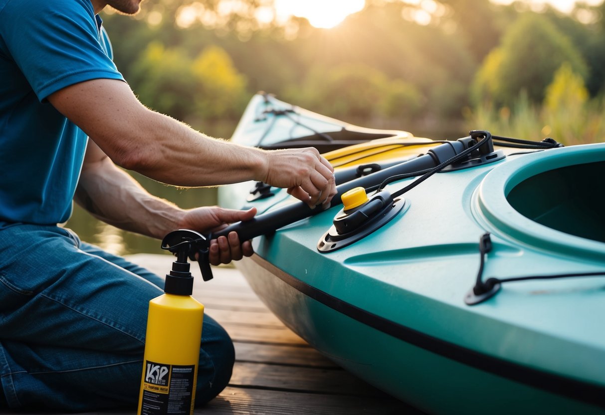 A person inspecting a composite kayak, applying lubricant to hinges, cleaning the hull, and checking for any cracks or damage