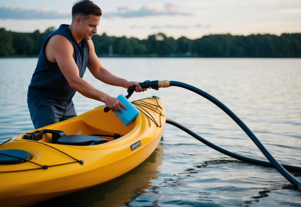 A person cleaning a composite kayak with a sponge and hose near a calm body of water