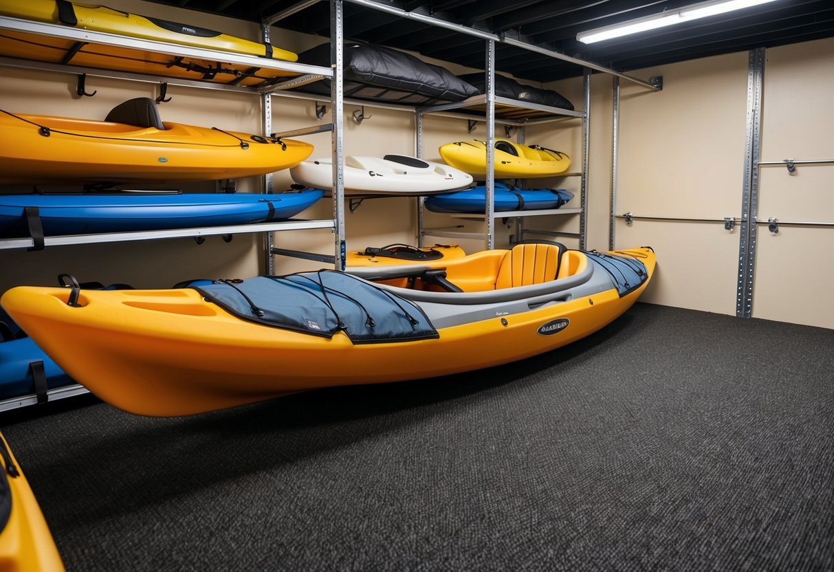 A kayak is securely stored in a spacious, well-organized storage area. The area is equipped with racks, hooks, and padding to protect the kayak from damage