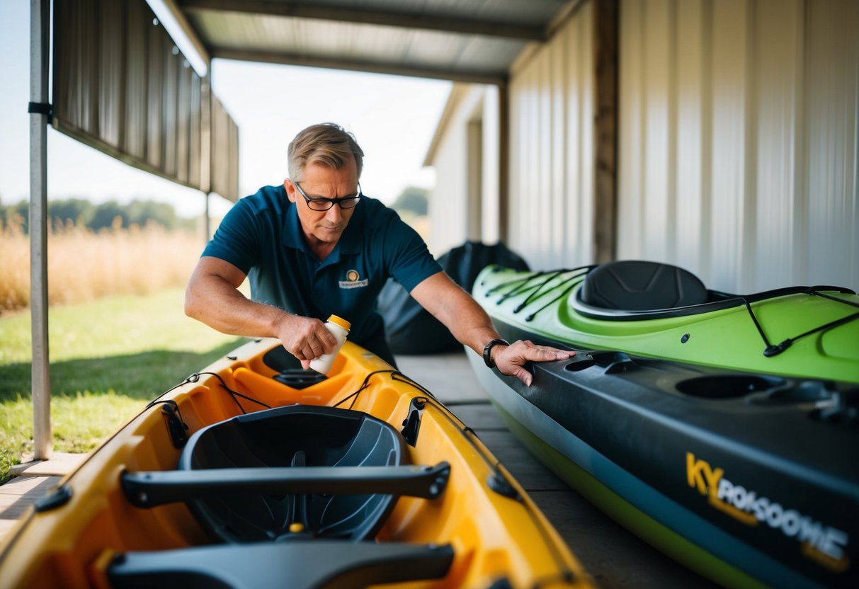 A person inspecting a composite kayak for any signs of wear and tear, applying protective coating to the hull, and storing it in a dry, shaded area