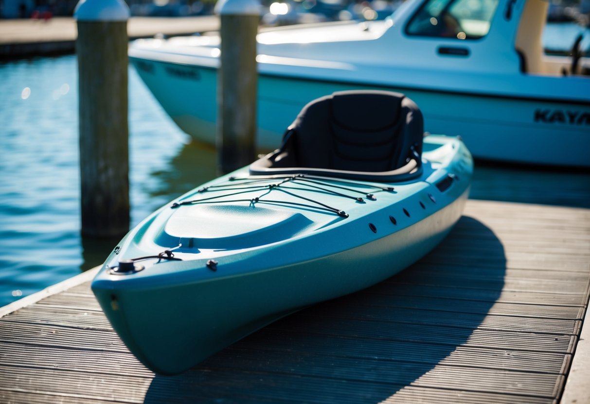 A composite kayak sits on a dock, covered with a protective UV-resistant coating. The sun shines down on the kayak, highlighting its sleek, durable surface