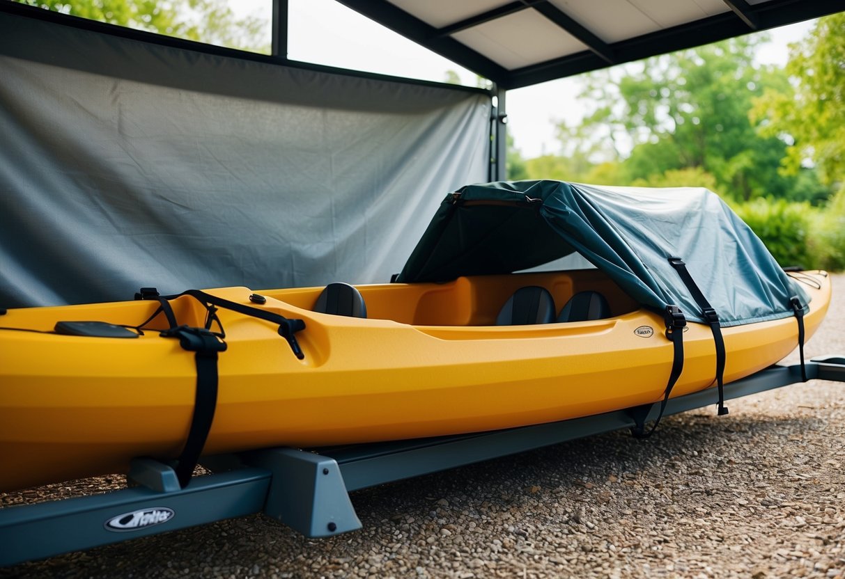 A composite kayak is being stored in a shaded area, covered with a UV-protective tarp, and secured with straps to prevent any potential damage from the sun