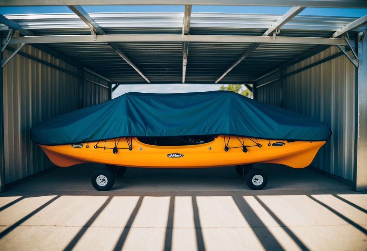 A composite kayak is stored under a large, shaded structure, protected from direct sunlight. A cover is draped over the kayak to shield it from UV rays