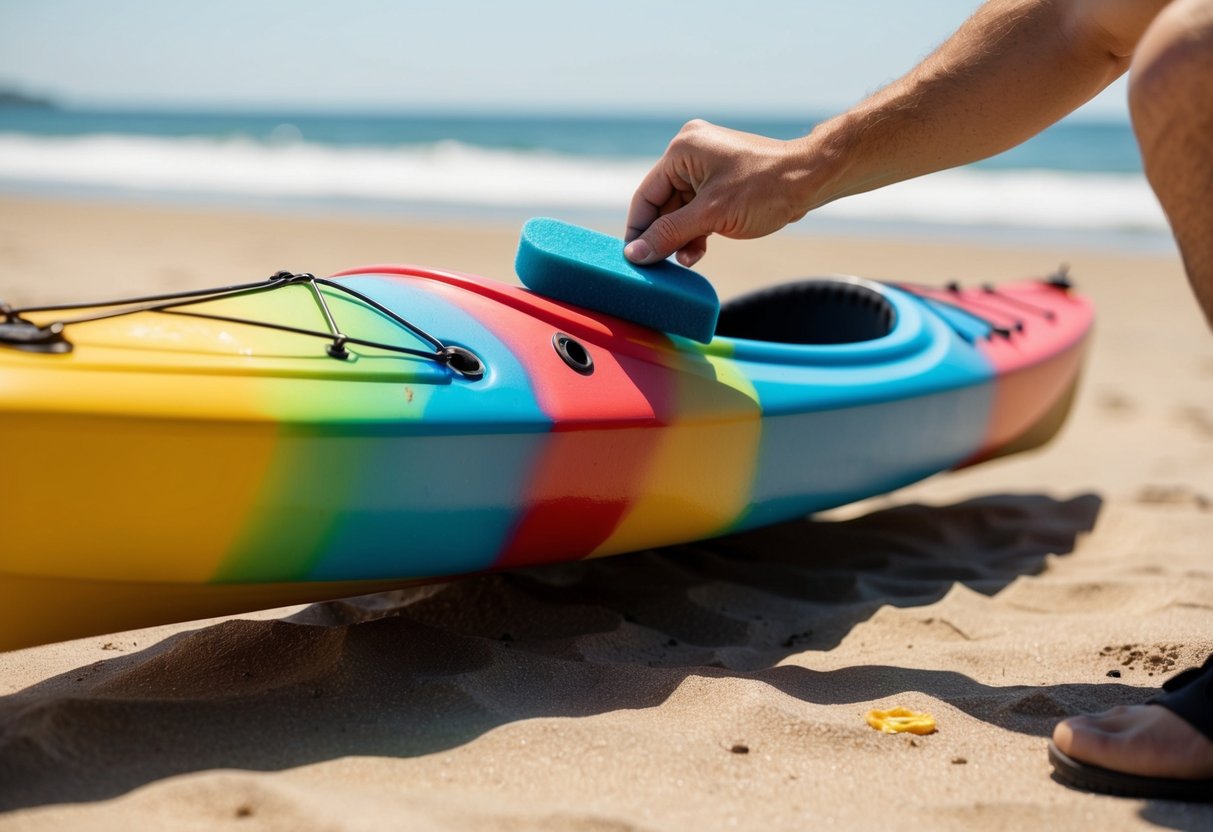 A person using a sponge to apply a bright colored marine paint to a faded composite kayak on a sunny beach