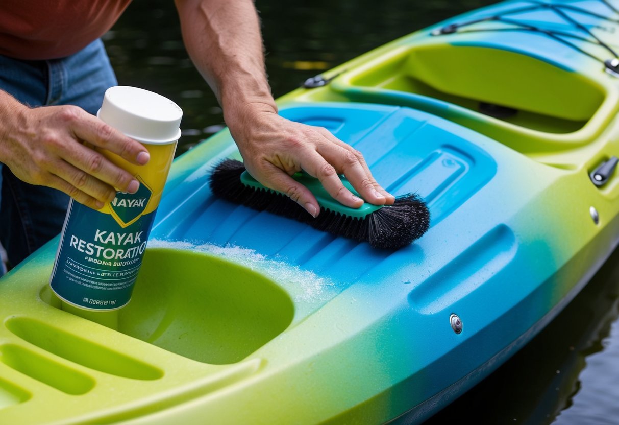 A person applying a specialized kayak restorative product to the faded surface of a composite kayak, using a brush or cloth to evenly distribute the solution and restore the vibrant color of the kayak