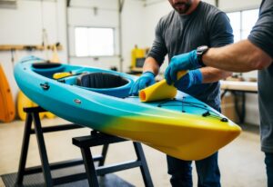 A composite kayak being carefully waxed by a person wearing gloves, with the kayak placed on a stand in a bright, well-lit workshop