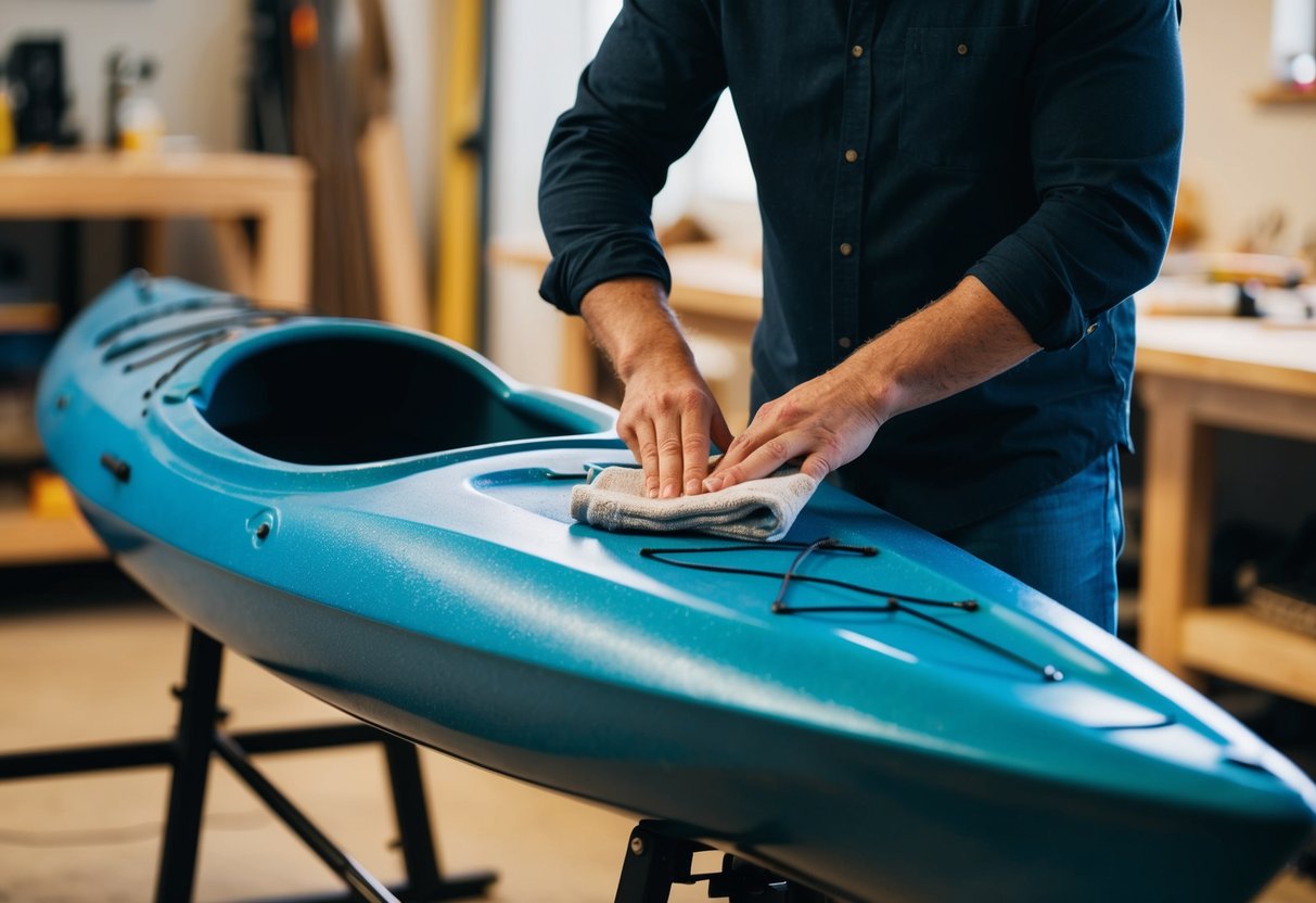 A person applies wax to a composite kayak, using a cloth to spread the wax evenly across the surface. The kayak sits on a stand in a well-lit workshop