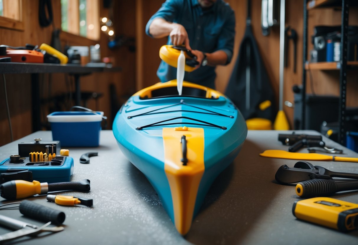 A composite kayak being waxed with a protective layer, surrounded by various tools and equipment for maintenance