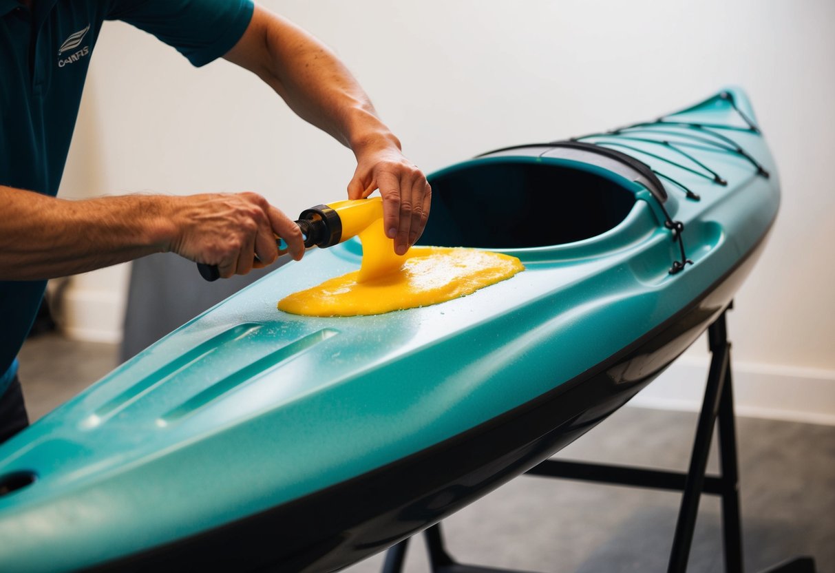 A person is shown applying wax to a composite kayak, carefully spreading it over the surface to create a protective layer. The kayak is positioned on a stand in a well-lit, clean environment