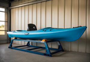 A composite kayak is stored on a sturdy rack in a dry, well-ventilated area, away from direct sunlight and extreme temperatures