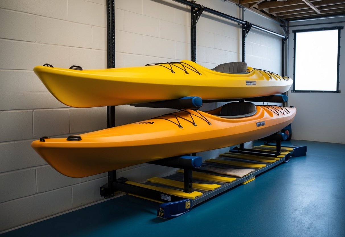 A composite kayak is stored upright on padded racks in a clean, dry, and well-ventilated area, away from direct sunlight and extreme temperatures