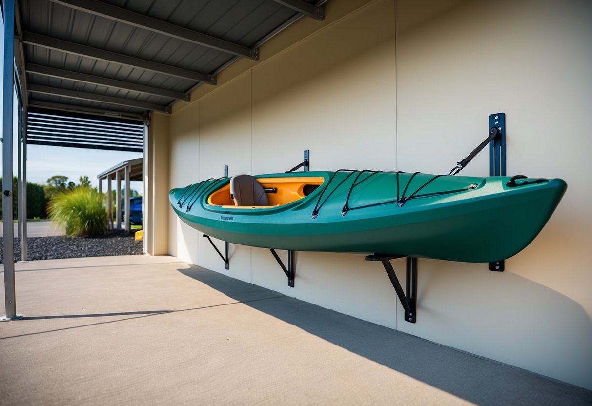 A composite kayak is securely stored on wall-mounted brackets in a clean, dry indoor space, with additional protection from a fitted cover. Outdoor storage is in a shaded, covered area, elevated off the ground on a rack