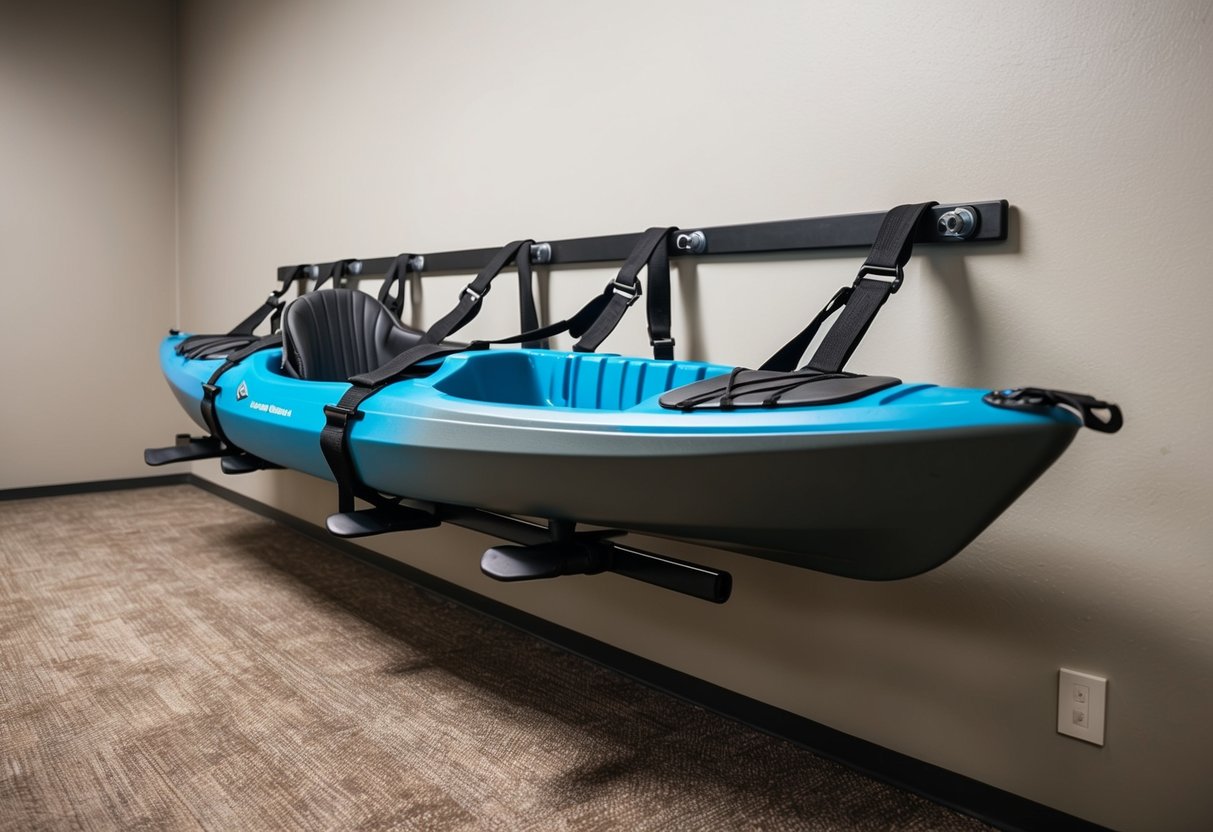 A composite kayak is suspended from a set of padded, adjustable straps on a wall-mounted rack, keeping it off the ground and protected from damage