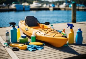 A composite kayak surrounded by various cleaning products and tools on a sunny dock by the water