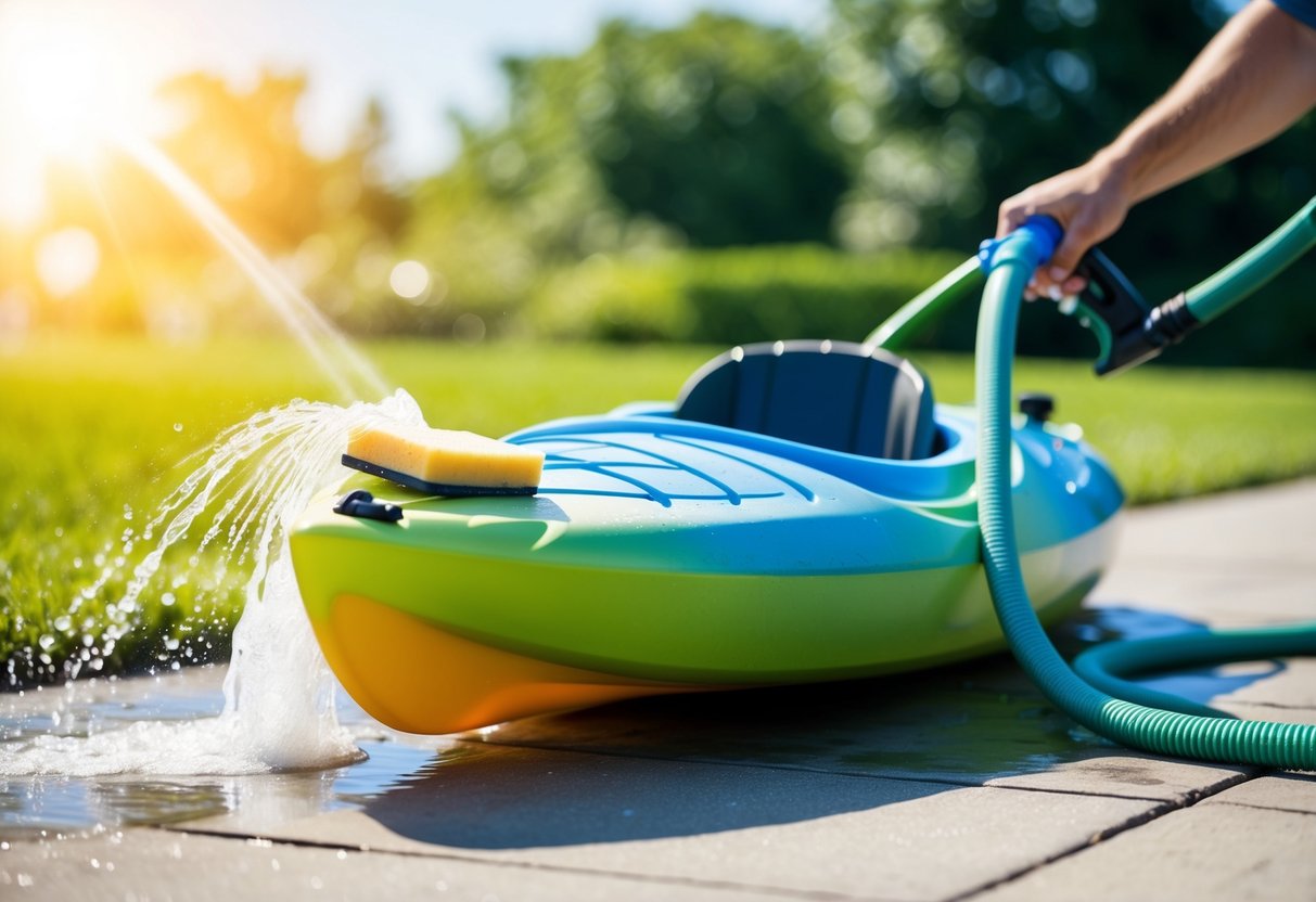 A composite kayak being gently cleaned with mild soap and water, a soft sponge, and a hose in a bright, outdoor setting