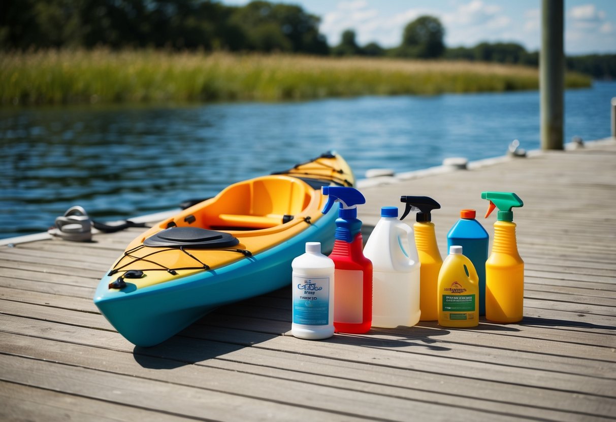 A composite kayak surrounded by various cleaning products on a sunny dock