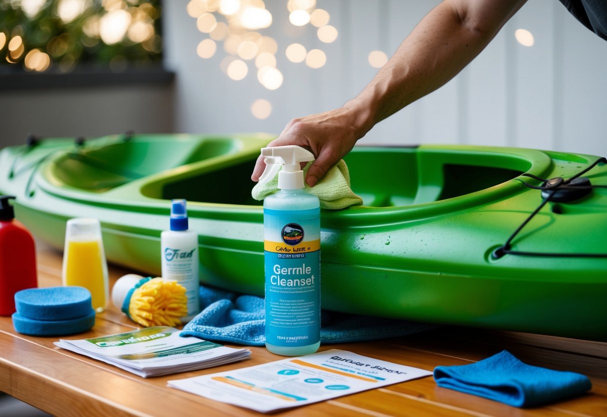 A composite kayak being wiped down with a gentle cleanser and soft cloth, surrounded by various cleaning products and a maintenance manual