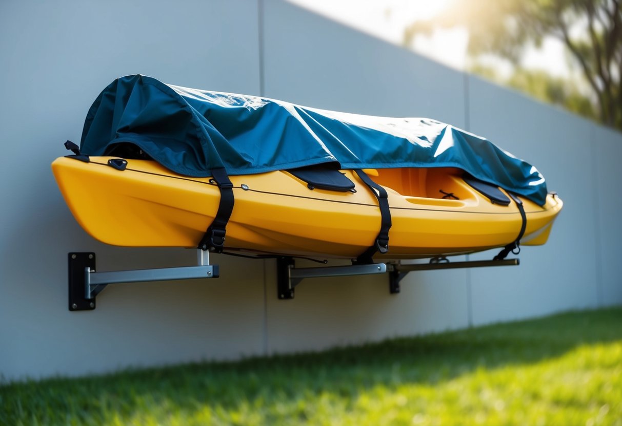 A kayak is securely fastened to a sturdy wall-mounted rack, protected from the elements by a durable waterproof cover