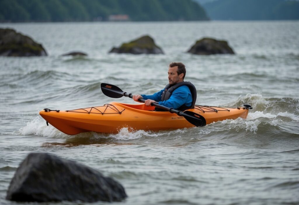 A sturdy kayak glides through rough waters, unscathed by rocks and debris