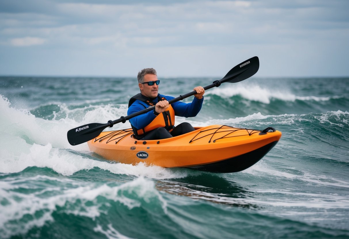 A rugged, rotomolded sea kayak navigating through rough ocean waves, showcasing its durability