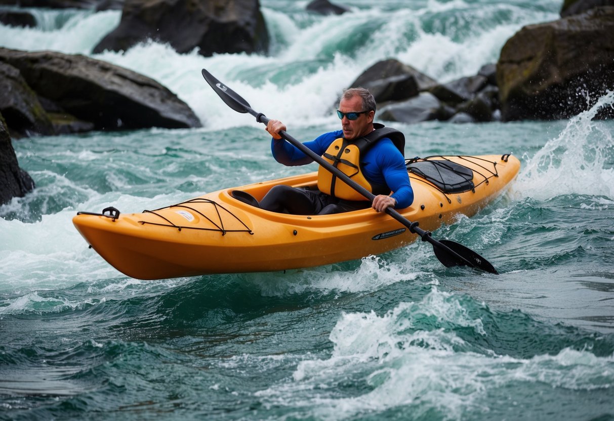 A rugged kayak navigating through rough, rocky rapids, withstanding the force of rushing water and sharp obstacles