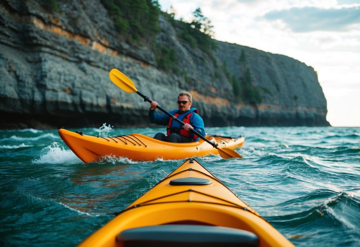 A sturdy kayak navigating rough waters with rocky cliffs in the background