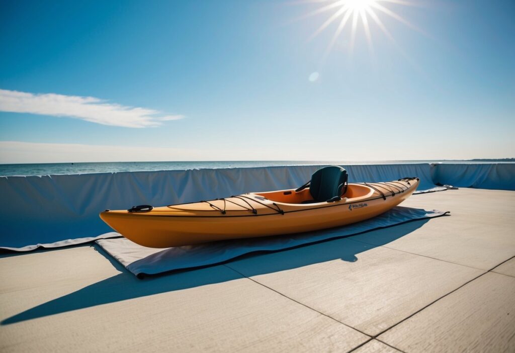 Sunny, dry day with low humidity. Kayak placed on a flat surface with protective covering. Gentle breeze