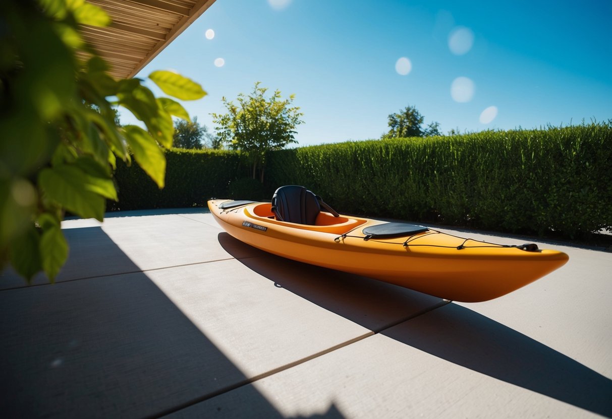 A sunny, dry day with low humidity and minimal wind. The kayak is positioned in a well-ventilated, shaded area