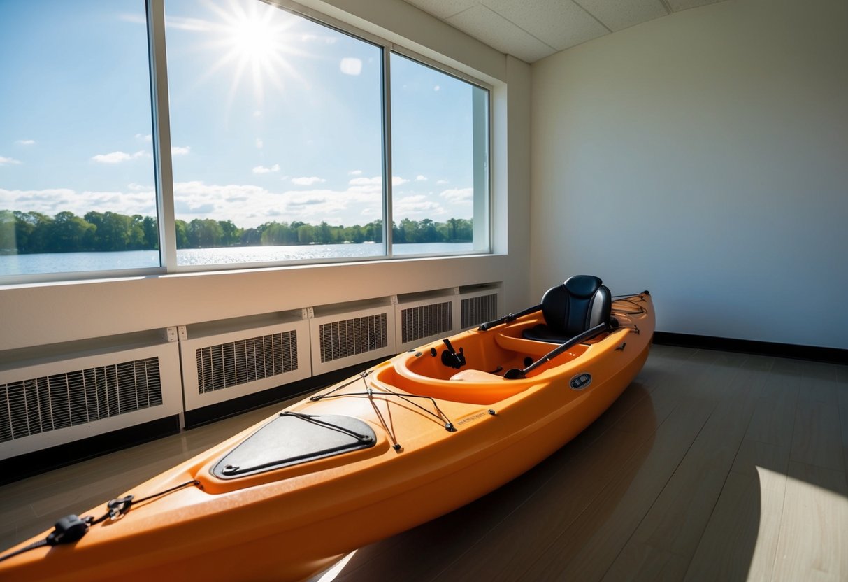 A bright, sunny day with low humidity and mild temperatures. The kayak is positioned in a well-ventilated area with no direct sunlight